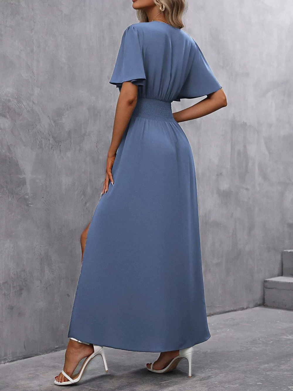 ZARA Elegant Deep V-Neck Side Slits Ruffled Waist Cinching Dress Spring - Picture 2 of 6
